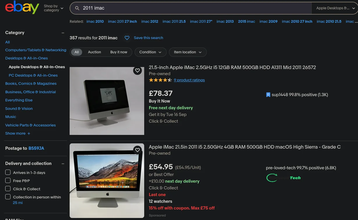 an eBay search for 2011 iMacs