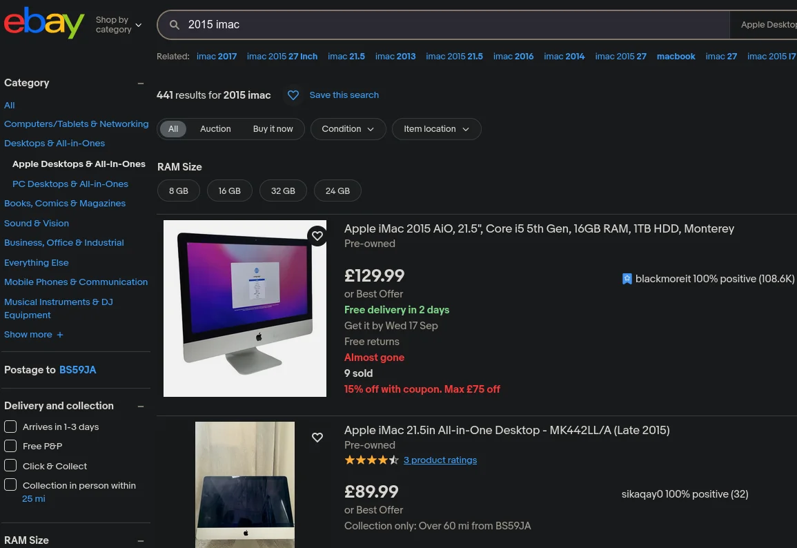 an eBay search for 2015 iMacs