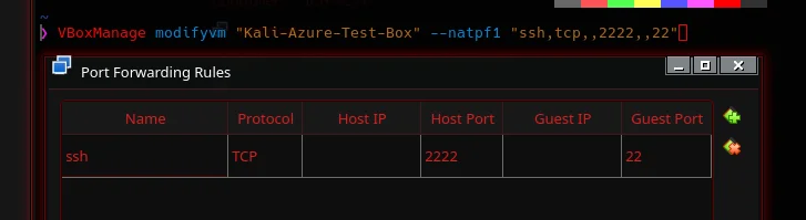 VirtualBox Network settings showing the port forwarding rules dialog with SSH forwarding configured