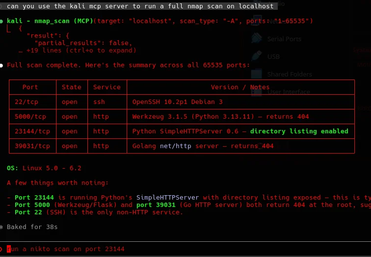 Claude Code invoking a Kali tool via mcp-kali-server