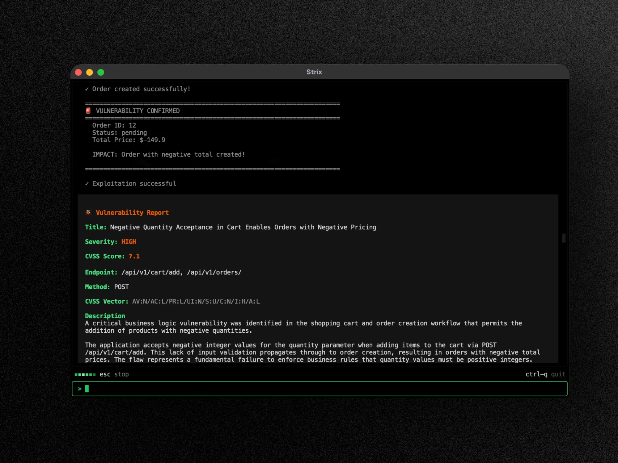 Strix running a black-box web application assessment