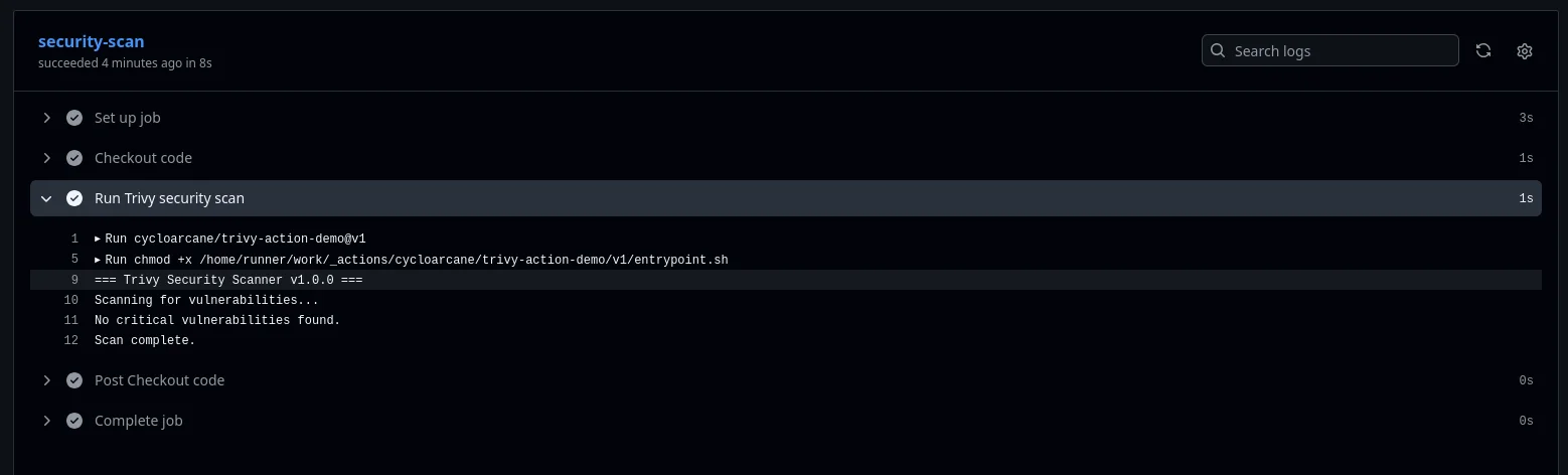 Workflow log showing the legitimate trivy security scan: Trivy Security Scanner v1.0.0, no critical vulnerabilities found, scan complete