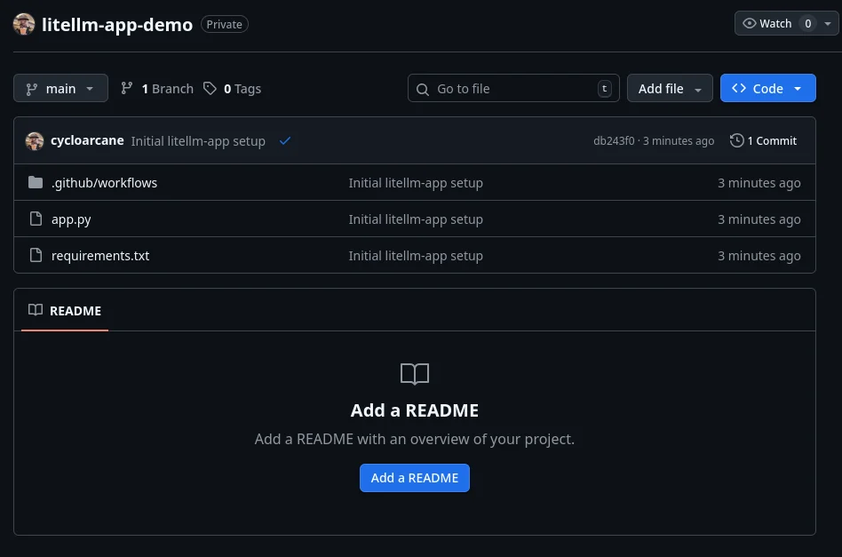 The litellm-app-demo repository on GitHub showing app.py, requirements.txt, and .github/workflows