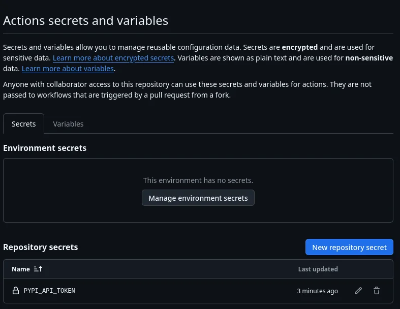 Actions secrets page for litellm-app-demo showing PYPI_API_TOKEN configured as a repository secret