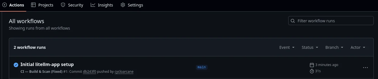 GitHub Actions tab for litellm-app-demo showing two successful workflow runs for the initial commit