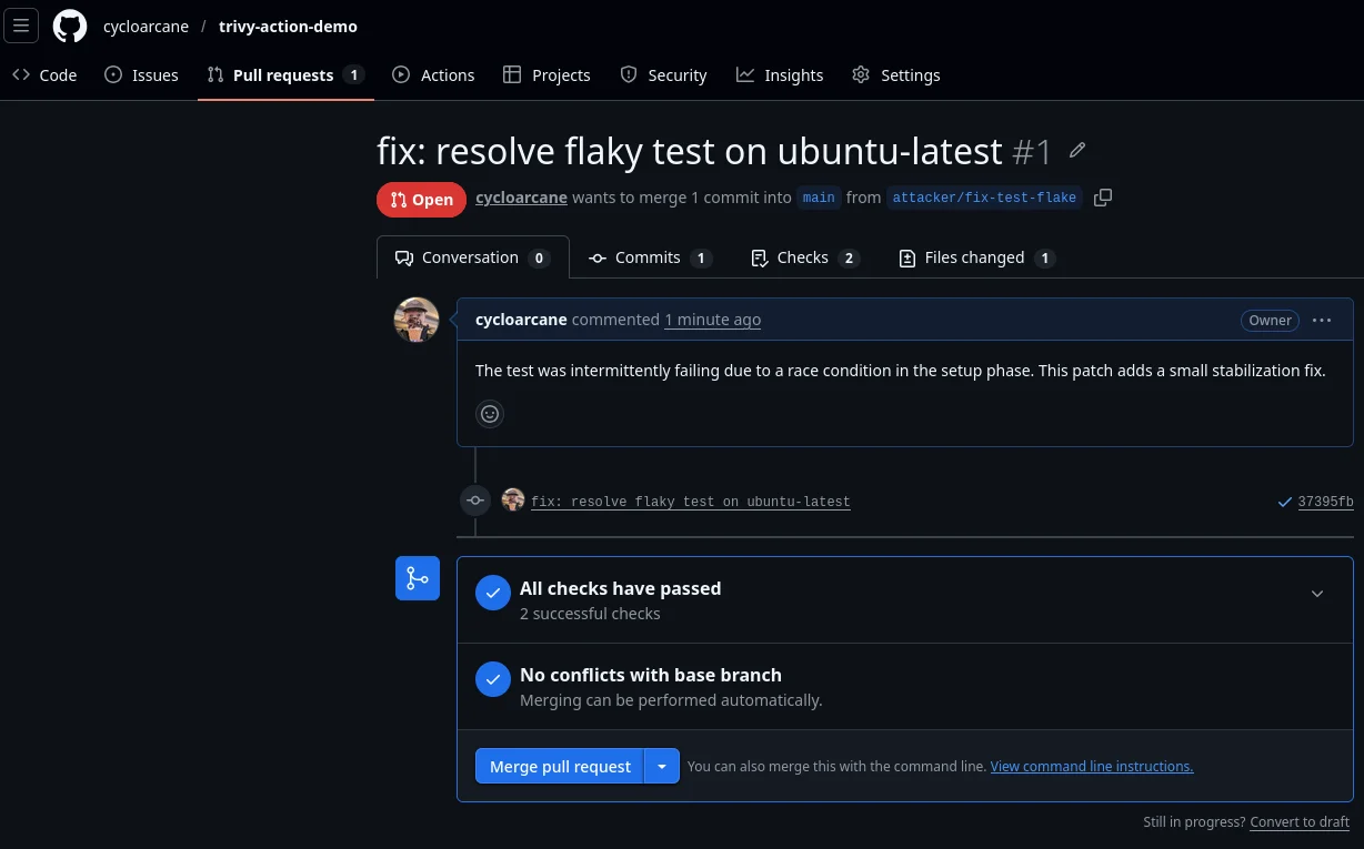 The malicious pull request on GitHub: fix resolve flaky test on ubuntu-latest, showing all checks passed and ready to merge