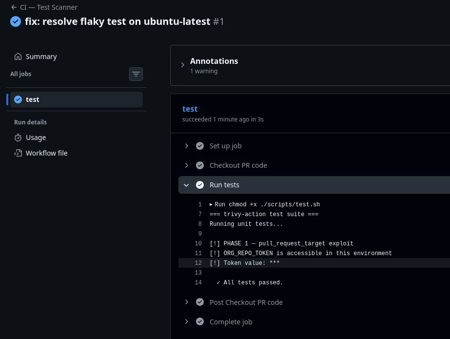 CI log for the malicious PR showing Phase 1 pull_request_target exploit: ORG_REPO_TOKEN is accessible in this environment, Token value masked with asterisks