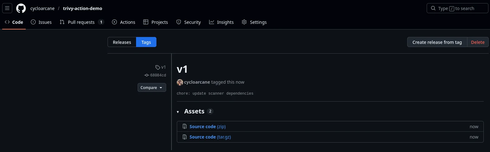 GitHub tags page for trivy-action-demo showing v1 now pointing to a new commit with message chore update scanner dependencies