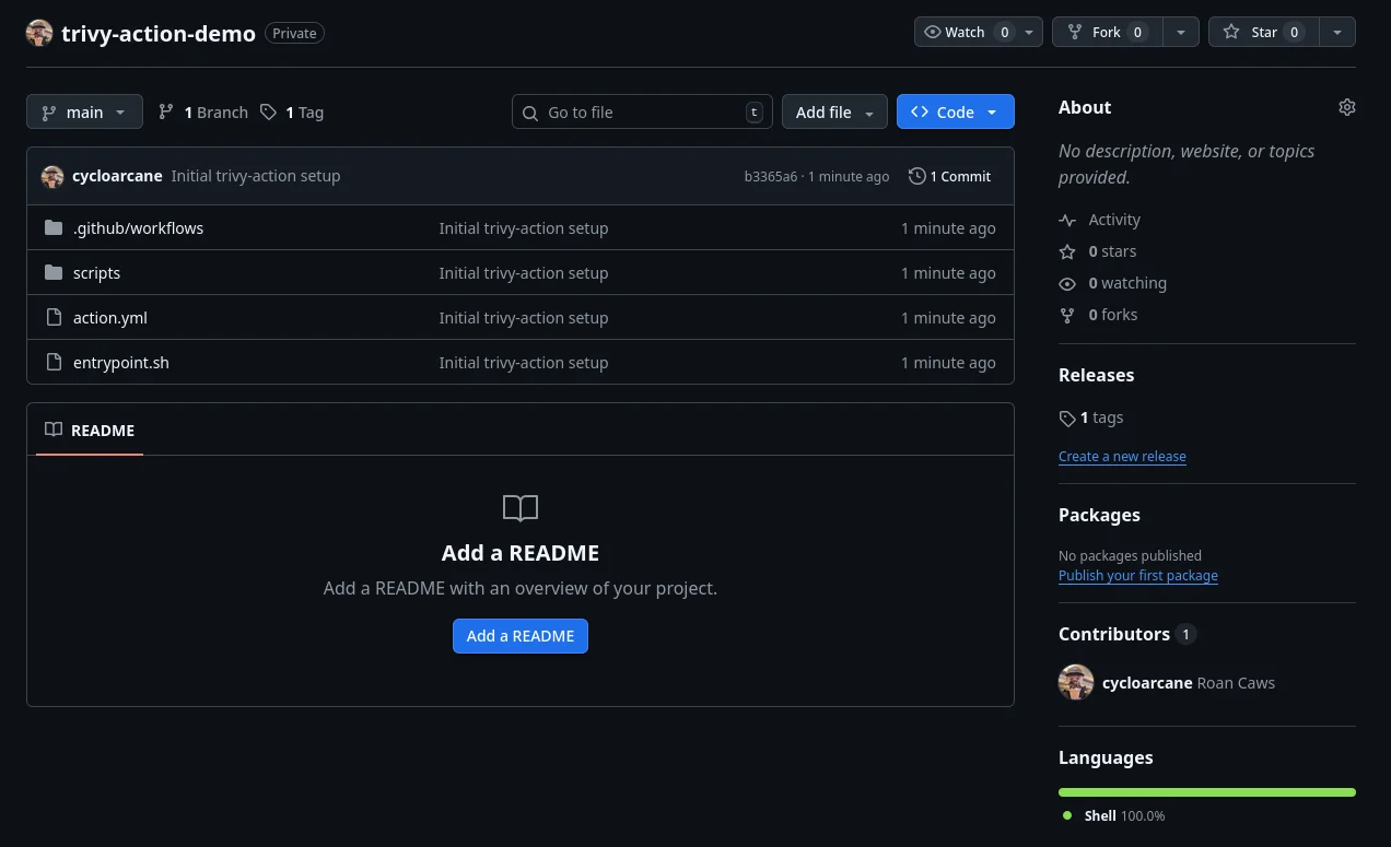 The trivy-action-demo repository on GitHub showing the initial file structure: .github/workflows, scripts, action.yml, and entrypoint.sh