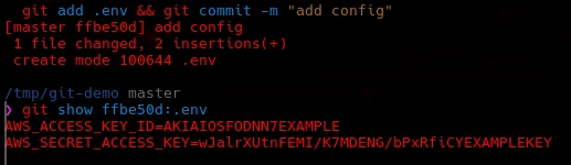 Terminal showing git show retrieving AWS keys from an old commit hash despite a deletion commit existing afterwards