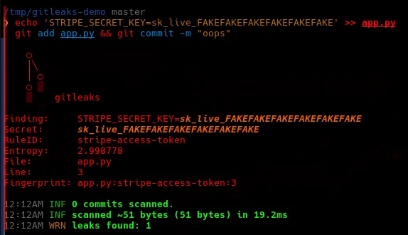 gitleaks pre-commit hook detecting a Stripe secret key in staged changes, showing the finding details including file, line, and rule ID