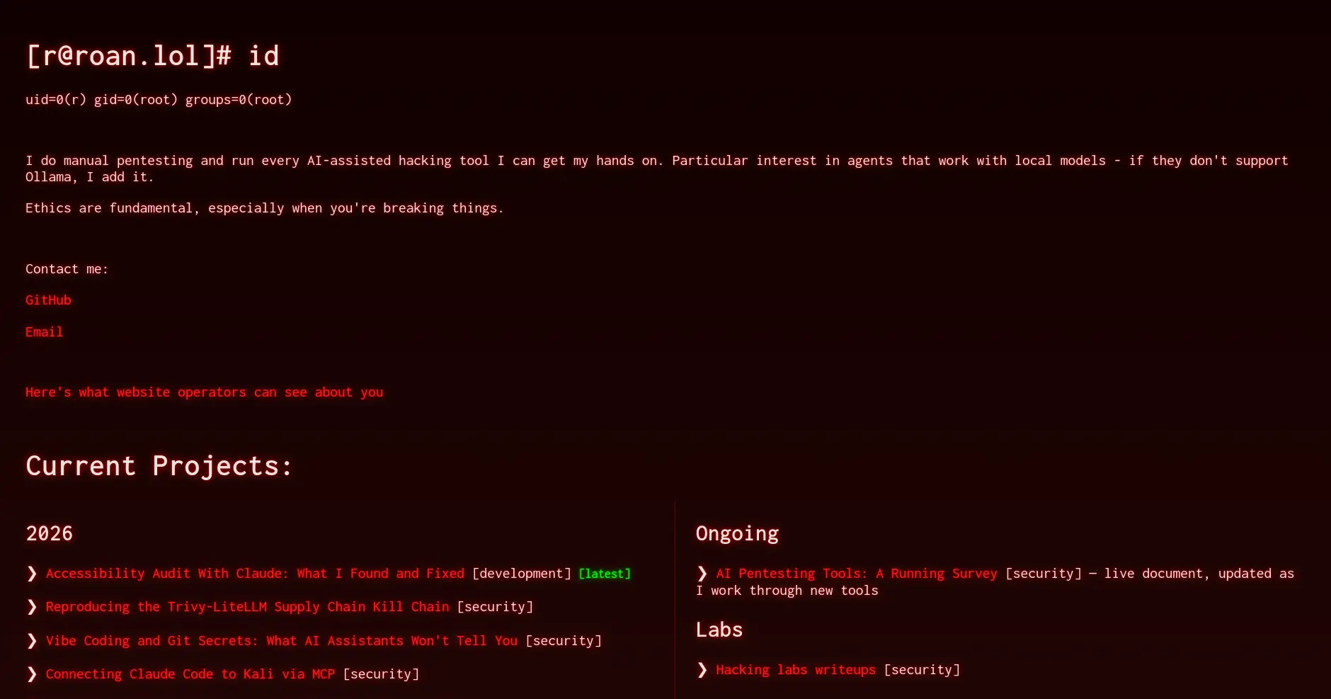 The same index page with prefers-reduced-motion enabled, identical design but no animations