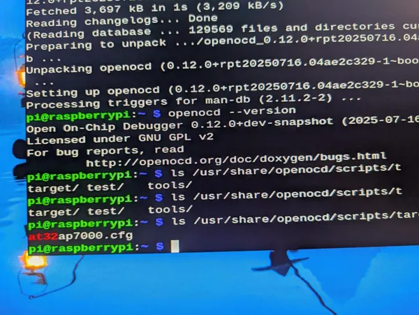 Raspberry Pi terminal showing OpenOCD version 0.12.0 installed, with only at32ap7000.cfg available as an Artery target