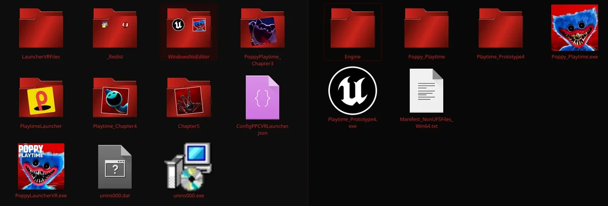 The Poppy Playtime game root directory and the WindowsNoEditor subfolder, showing the folder names the installer validates against