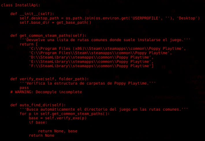 Decompiled Python source of the installer showing the InstallApi class and its file-copying operations