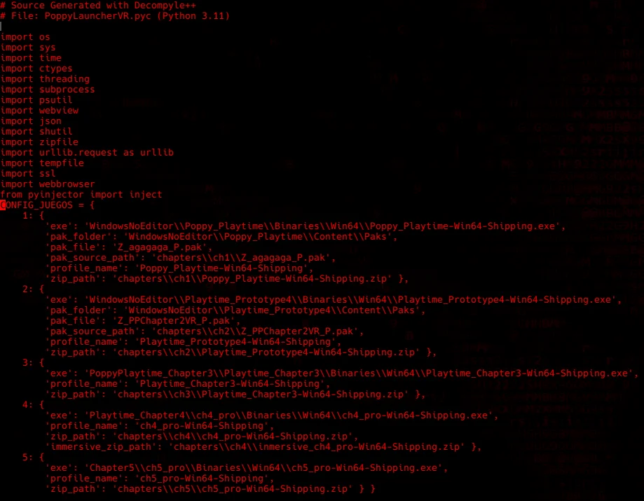 Decompiled launcher source showing imports and the CONFIG_JUEGOS chapter configuration dictionary