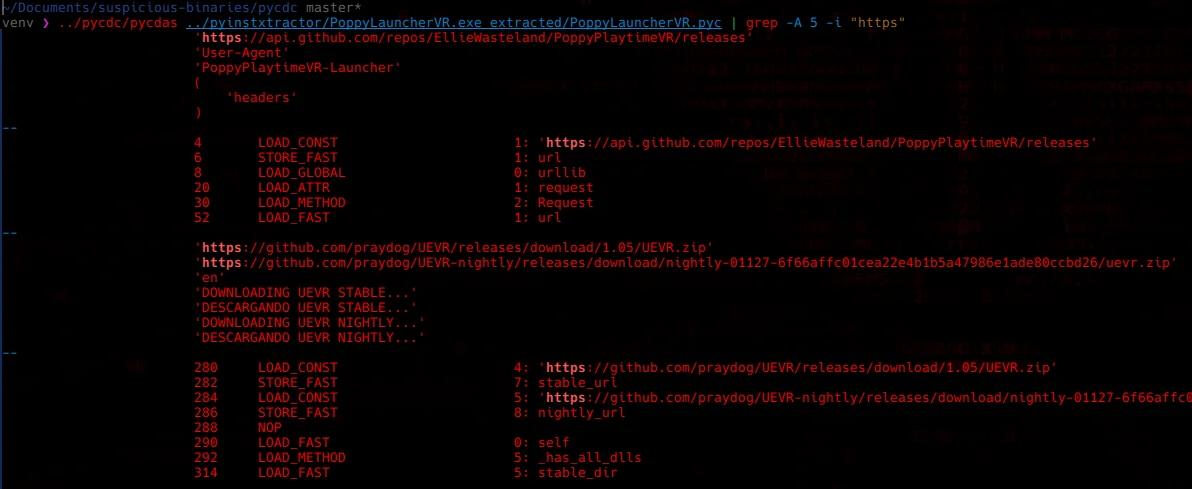 pycdas disassembly output filtered to show the GitHub URLs the launcher contacts