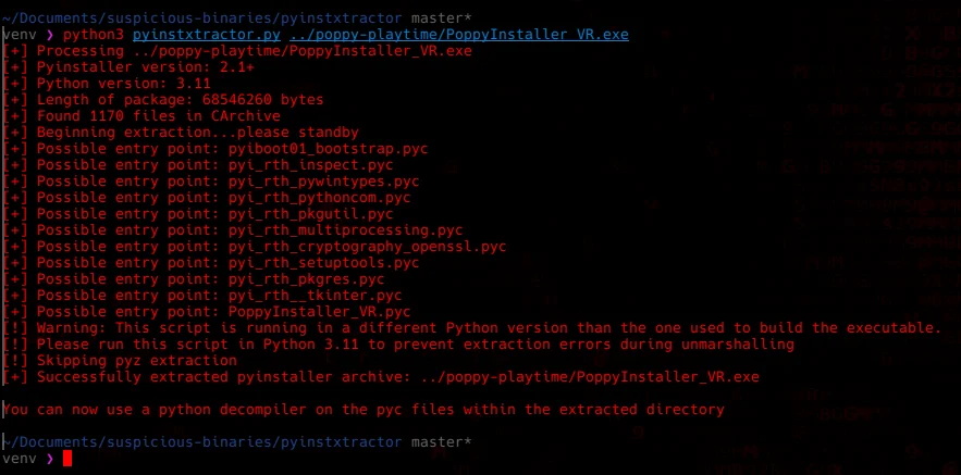 Terminal output from pyinstxtractor extracting the PyInstaller archive, listing the entry point and bundled dependencies