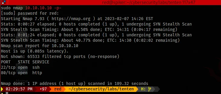 Nmap scan results showing SSH on port 22 and Apache HTTP on port 80 running a WordPress Job Portal site