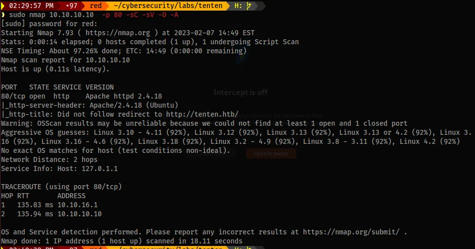 Nmap service version scan output with detailed SSH and HTTP service information for the target