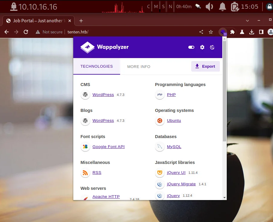 WordPress Job Portal site in browser with Wappalyzer showing WordPress 4.7.3, PHP, MySQL, and Apache