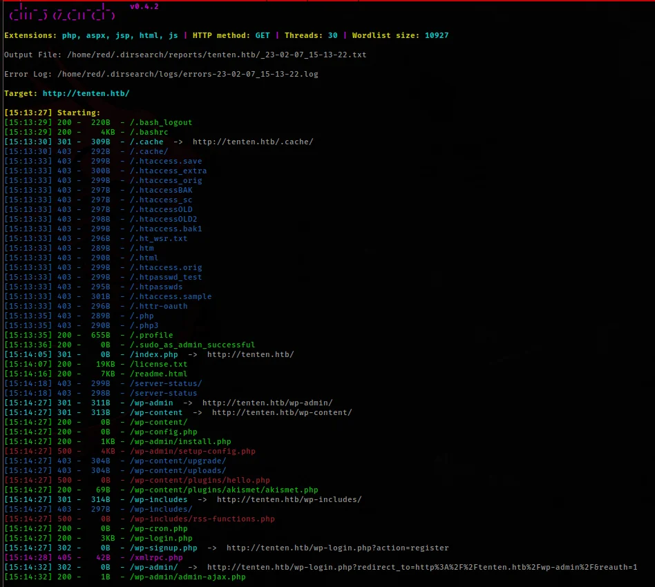 WPScan results showing directory fuzzing hits and identified vulnerabilities in the Job Manager plugin