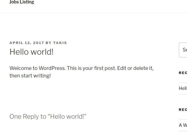 WordPress Job Portal showing a Hello world post by user takis with Jobs Listing navigation