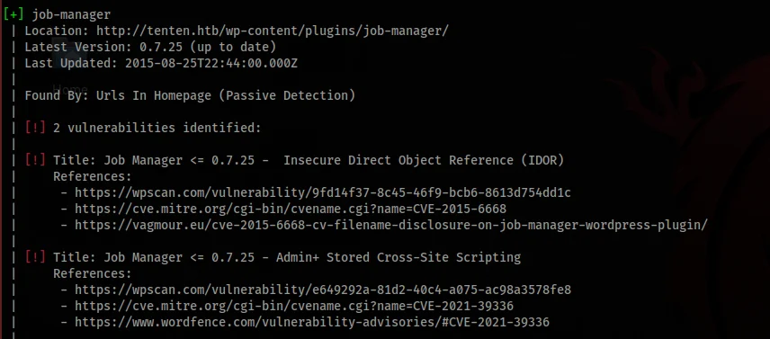 WPScan identifying CVE-2015-6668 IDOR vulnerability in Job Manager plugin version 0.7.25