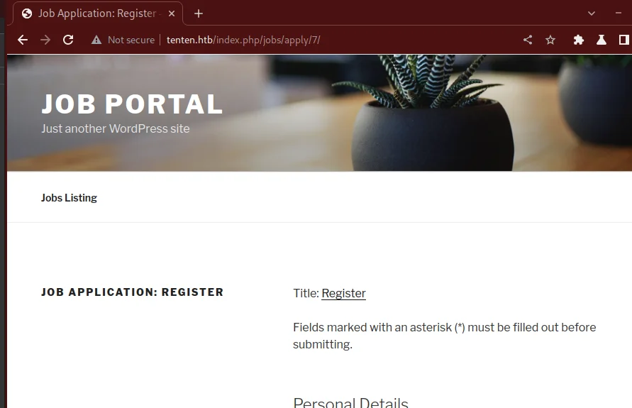 Job Portal registration page showing the job application form with file upload functionality