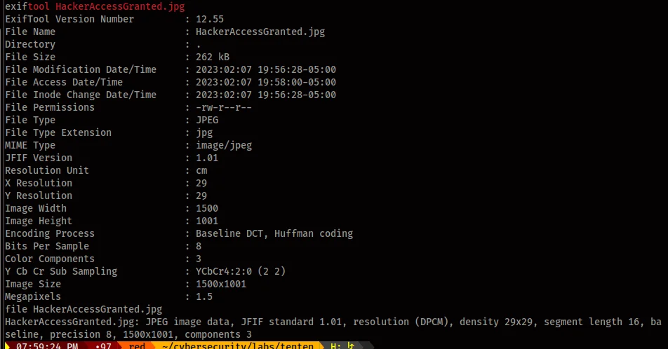 Exiftool output showing JFIF metadata for HackerAccessGranted.jpg with no useful embedded data