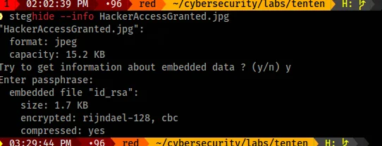 Steghide confirming an embedded id_rsa file hidden inside HackerAccessGranted.jpg, encrypted with rijndael-128