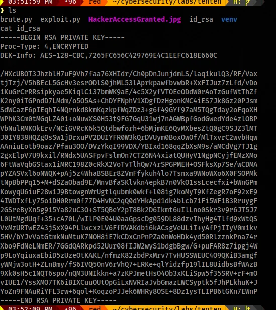 Extracted RSA private key displayed in terminal, encrypted with a passphrase