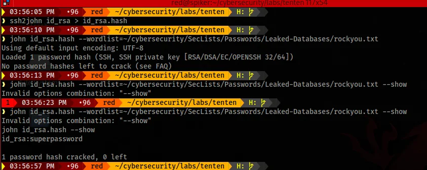 John the Ripper cracking the SSH key passphrase using rockyou.txt wordlist, revealing the password superstar